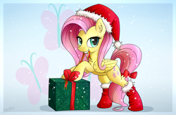 Size: 3200x2100 | Tagged: safe, artist:sentireaeris, fluttershy, pegasus, pony, bow, christmas, clothes, cute, cutie mark, hat, holiday, present, ribbon, santa hat, shyabetes, simple background, snow, socks, solo, standing