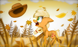 Size: 1180x720 | Tagged: safe, artist:nikisha15, applejack, earth pony, pony, open mouth, running, solo, wind