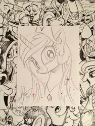 Size: 1536x2048 | Tagged: safe, artist:andypriceart, princess celestia, alicorn, pony, crown, female, jewelry, looking at you, mare, monochrome, regalia, solo, traditional art