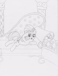 Size: 2550x3300 | Tagged: safe, artist:victoriathedragoness, rarity, spike, dragon, pony, unicorn, butt, carousel boutique, chaise, fainting couch, female, hoof on cheek, implied spike, lineart, lying down, male, mare, monochrome, offscreen character, presenting, prone, raised arm, rearity, sexy, shipping, smiling, solo, sparity, spread legs, spreading, straight, sultry, sultry pose