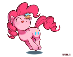 Size: 2784x2205 | Tagged: safe, artist:bronyraimu, pinkie pie, earth pony, pony, cupcake, cute, diapinkes, food, ponies balancing stuff on their nose, simple background, solo, tongue out, treat on nose, white background