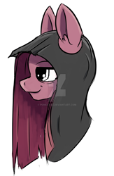 Size: 1024x1569 | Tagged: safe, artist:ponkafag, pinkie pie, earth pony, pony, bust, clothes, ear fluff, hood, pinkamena diane pie, portrait, simple background, smiling, solo, watermark, white background