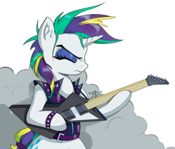 Size: 2652x2262 | Tagged: safe, artist:danli69, rarity, pony, unicorn, it isn't the mane thing about you, bipedal, bracelet, dyed mane, female, guitar, jewelry, makeup, mare, musical instrument, punk, simple background, smoke, smoke bomb, solo, transparent background