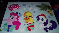 Size: 4160x2336 | Tagged: safe, applejack, pinkie pie, rarity, pegasus, pony, absurd resolution, christmas, cute, flapplejack, jackabetes, merchandise, my little pony logo, race swap