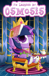 Size: 1100x1700 | Tagged: safe, artist:berrypawnch, derpibooru import, spike, twilight sparkle, twilight sparkle (alicorn), alicorn, dragon, pony, book, book hat, bunny slippers, chibi, clothes, cookie, cute, female, food, mare, pancakes, sleeping, slippers