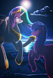 Size: 1674x2441 | Tagged: safe, artist:bluenight01, princess celestia, twilight sparkle, twilight sparkle (alicorn), alicorn, pony, cloud, female, flying, hoof shoes, mare, sky, smiling