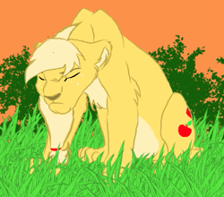 Size: 573x505 | Tagged: safe, artist:lionkinglovers, artist:nerdygal1234, applejack, big cat, lion, applecat, applelion, eyes closed, floppy ears, fluffy, frown, grass, lioness, lionified, literal, sitting, solo, species swap, the lion king