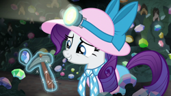 Size: 1920x1080 | Tagged: safe, screencap, rarity, bat, pony, unicorn, dragon dropped, female, gem, gem cave, helmet, magic, magic aura, mare, mining helmet, pickaxe, solo, telekinesis