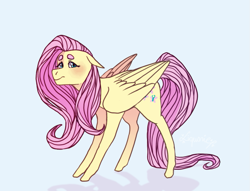 Size: 1023x782 | Tagged: safe, artist:liquorie, fluttershy, pegasus, pony, beanbrows, eyebrows, female, floppy ears, folded wings, fullbody, looking at you, mare, simple background, solo, standing, white background, wings