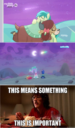 Size: 1280x2180 | Tagged: safe, screencap, princess celestia, princess luna, sandbar, yona, alicorn, pony, yak, between dark and dawn, she's all yak, cartoonito logo, meme, shooting star, uhf, weird al yankovic