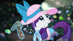 Size: 1920x1080 | Tagged: safe, screencap, rarity, bat, pony, unicorn, dragon dropped, ascot tie, blouse, female, gem, gem cave, helmet, magic, magic aura, mare, mining helmet, pickaxe, shorts, solo, telekinesis