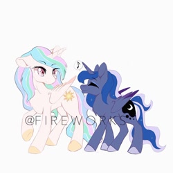 Size: 1080x1079 | Tagged: safe, artist:tiffna0310, princess celestia, princess luna, alicorn, pony, female, mare, missing accessory, obtrusive watermark, siblings, simple background, sisters, smiling, watermark