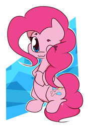 Size: 1400x2000 | Tagged: safe, artist:hedgehog-plant, pinkie pie, earth pony, pony, :3, abstract background, cute, diapinkes, eye clipping through hair, female, looking at you, mare, one eye closed, sitting, solo, wink