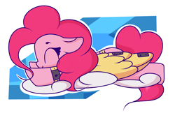 Size: 1841x1193 | Tagged: safe, artist:hedgehog-plant, pinkie pie, earth pony, pony, abstract background, artificial wings, augmented, cloud, female, floppy ears, mare, mechanical wing, sleeping, solo, wings