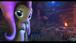 Size: 3840x2160 | Tagged: safe, artist:ivory42, fluttershy, pegasus, pony, 3d, beautiful, bench, box, female, forest, half-life, half-life 2, lantern, looking at you, moon, moonlight, night, poster, solo, source filmmaker, supplies, tree