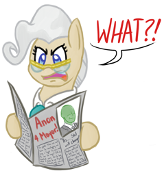 Size: 996x1044 | Tagged: safe, artist:hamflo, mayor mare, oc, oc:anon, earth pony, human, pony, bust, dialogue, drawfag, female, glasses, mare, newspaper, portrait, simple background, solo, white background