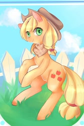 Size: 1181x1771 | Tagged: safe, artist:nitrogenowo, applejack, earth pony, pony, bandana, cowboy hat, cute, fence, grass field, hat, jackabetes, looking at you, smiling, solo, stetson