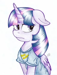 Size: 1024x1358 | Tagged: safe, artist:cyanyeh, derpibooru import, twilight sparkle, twilight sparkle (alicorn), alicorn, pony, clothes, cute, female, floppy ears, frown, i'm pancake, looking away, mare, shirt, sitting, solo, traditional art, unamused