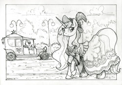 Size: 1280x892 | Tagged: safe, artist:asimos, princess celestia, alicorn, pony, car, clothes, cute, cutelestia, dress, female, hat, monochrome, sketch