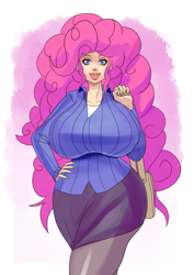 Size: 1131x1600 | Tagged: safe, artist:annon, pinkie pie, human, big breasts, bimbo, bimbo pie, breasts, business suit, curvy, female, halloween costume, humanized, looking at you, pinkie pies, solo