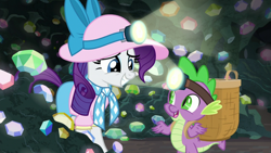 Size: 1920x1080 | Tagged: safe, screencap, rarity, spike, dragon, pony, unicorn, dragon dropped, ascot tie, basket, blouse, cute, duo, female, gem, gem cave, headlamp, helmet, mare, mining helmet, raribetes, shorts, winged spike