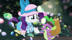 Size: 1920x1080 | Tagged: safe, screencap, rarity, spike, dragon, pony, unicorn, dragon dropped, ascot tie, basket, blouse, cute, female, gem, gem cave, headlamp, helmet, mare, mining helmet, raribetes, shorts, winged spike