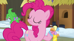 Size: 1280x720 | Tagged: safe, screencap, gummy, pinkie pie, pony, not asking for trouble, ambassador badge, biting, tail bite