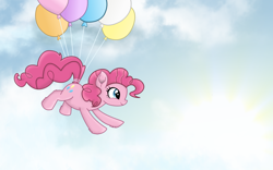 Size: 3840x2400 | Tagged: safe, artist:remcmaximus, pinkie pie, earth pony, pony, balloon, cute, diapinkes, female, floating, mare, pinkie pie day, smiling, solo, then watch her balloons lift her up to the sky