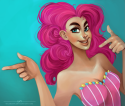 Size: 945x800 | Tagged: safe, artist:maaronn, pinkie pie, human, breasts, clothes, dress, female, finger gun, finger guns, humanized, pinkie pies, solo