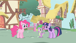 Size: 1280x720 | Tagged: safe, derpibooru import, screencap, pinkie pie, spike, twilight sparkle, dragon, earth pony, pony, friendship is magic, frown, pinkie pie and twilight sparkle first meeting, smiling