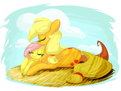 Size: 2000x1500 | Tagged: safe, artist:ogaraorcynder, applejack, fluttershy, earth pony, pegasus, pony, aplflu, appleshy, both cutie marks, cuddling, cute, eyes closed, female, lesbian, prone, resting, shipping, snuggling