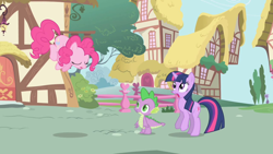 Size: 1280x720 | Tagged: safe, derpibooru import, screencap, pinkie pie, spike, twilight sparkle, dragon, earth pony, pony, friendship is magic, animation error, pinkie pie and twilight sparkle first meeting