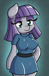 Size: 500x772 | Tagged: safe, artist:quarium, maud pie, anthro, arm hooves, big breasts, bored, breasts, clothes, dress, eyeshadow, female, makeup, maud pies, simple background, solo