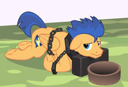 Size: 2000x1369 | Tagged: safe, artist:mlp-silver-quill, flash sentry, bondage, bound wings, chains, chopping block, execution, flash sentry drama, flashabuse, floppy ears, imminent decapitation, sad, solo, underhoof