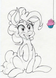 Size: 1614x2250 | Tagged: safe, artist:janji009, pinkie pie, earth pony, pony, cupcake, female, fishing hook, food, hook, mare, partial color, sketch, smiling, solo, tongue out, traditional art