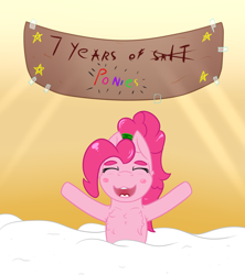 Size: 1300x1463 | Tagged: safe, artist:lazerblues, pinkie pie, earth pony, pony, alternate hairstyle, banner, blush sticker, blushing, chest fluff, eyes closed, food, happy birthday mlp:fim, mlp fim's seventh anniversary, salt, smiling, solo