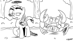 Size: 1200x675 | Tagged: safe, artist:pony-berserker, rarity, crab, pony, unicorn, pony-berserker's twitter sketches, crab battle, giant crab, imminent death, moments before disaster, monochrome, peace was never an option, rarity fighting a giant crab, reference to another series, this will end in death, this will not end well