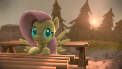 Size: 1920x1080 | Tagged: safe, artist:monkamoni, fluttershy, pegasus, pony, 3d, cute, looking at you, picnic table, poster, shyabetes, solo, source filmmaker, table, tree