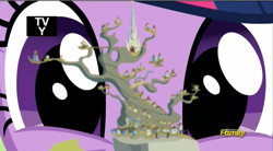 Size: 851x470 | Tagged: safe, derpibooru import, screencap, twilight sparkle, twilight sparkle (alicorn), alicorn, the lost treasure of griffonstone, castle griffonstone, griffonstone, perspective, solo, tree