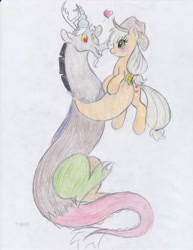 Size: 2550x3300 | Tagged: safe, artist:lacedra, applejack, discord, earth pony, pony, applecord, male, shipping, straight