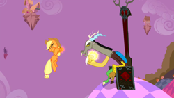 Size: 1280x720 | Tagged: safe, screencap, applejack, discord, draconequus, earth pony, pony, the return of harmony, chaos, discord's throne, discorded landscape, element of honesty, female, floating island, magic, male, mare, purple sky, telekinesis, throne