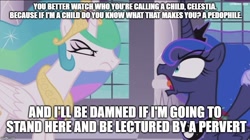 Size: 888x499 | Tagged: safe, edit, edited screencap, screencap, princess celestia, princess luna, alicorn, pony, a royal problem, argument, bags under eyes, caption, family guy, image macro, text