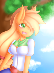 Size: 1536x2048 | Tagged: safe, artist:silviasilvar, applejack, anthro, belt, breasts, clothes, cloud, cute, denim skirt, equestria girls outfit, female, jackabetes, open mouth, skirt, solo, tree