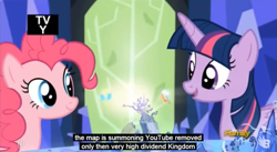 Size: 853x467 | Tagged: safe, derpibooru import, screencap, pinkie pie, twilight sparkle, twilight sparkle (alicorn), alicorn, earth pony, pony, the lost treasure of griffonstone, discovery family logo, meme, youtube, youtube caption