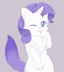 Size: 1280x1438 | Tagged: safe, artist:pegacornss, rarity, cat, cat pony, original species, unicorn, ;p, bipedal, catified, chest fluff, cute, female, fluffy, licking, no pupils, one eye closed, paw licking, purple background, raribetes, raricat, simple background, solo, species swap, tongue out, wink