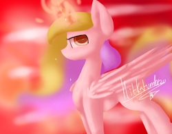 Size: 1024x800 | Tagged: safe, artist:penpale-heart, princess celestia, alicorn, pony, ethereal mane, eye reflection, female, glowing horn, horn, lidded eyes, looking at you, mare, missing accessory, profile, red sky, reflection, solo, starry mane