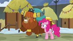 Size: 1280x720 | Tagged: safe, screencap, pinkie pie, prince rutherford, pony, yak, not asking for trouble, cloven hooves, female, happy, male