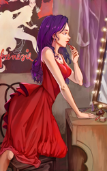 Size: 1884x3000 | Tagged: safe, artist:ronna, artist:tarakanovich, rarity, human, fanfic:crimson lips, accessories, applying makeup, breasts, chair, cleavage, clothes, curtain, desk, dress, ear piercing, earring, featured on derpibooru, humanized, jewelry, lightbulb, lipstick, mirror, necklace, piercing, poster, sleeveless, solo, theater, vanity