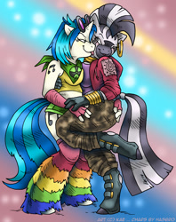 Size: 792x1000 | Tagged: safe, artist:kaemantis, dj pon-3, vinyl scratch, zecora, anthro, unguligrade anthro, zebra, alternative cutie mark placement, bandana, bedroom eyes, big breasts, blushing, boots, breasts, clothes, crack shipping, earring, female, fingerless elbow gloves, fingerless gloves, gloves, hand on butt, hoodie, hoof boots, hot pants, hug, jewelry, kiss on the cheek, kissing, leg warmers, lesbian, licking, patch, shipping, shorts, smiling, sunglasses, symmetrical docking, tattoo, vinyl stacked, vinylcora, ze-bra buster