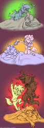 Size: 691x2000 | Tagged: safe, artist:kaemantis, apple bloom, applejack, octavia melody, rarity, silver spoon, sweetie belle, winona, anthro, dog, unguligrade anthro, bed, comic, cute, eating, gradient background, limited palette, sisters, surprised, waking up